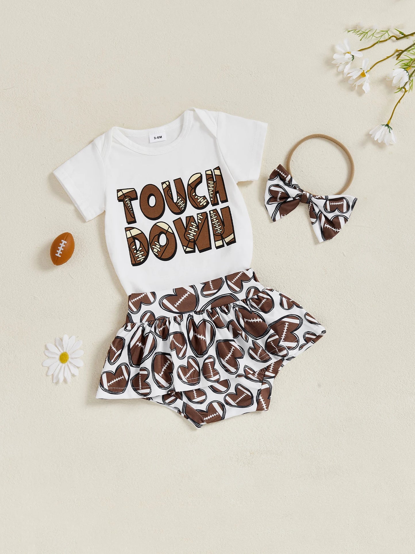 Baby Girls 3Pcs Touch Down Outfit Football Letter Print Romper Skirted Shorts Skort and Headband Bow Set