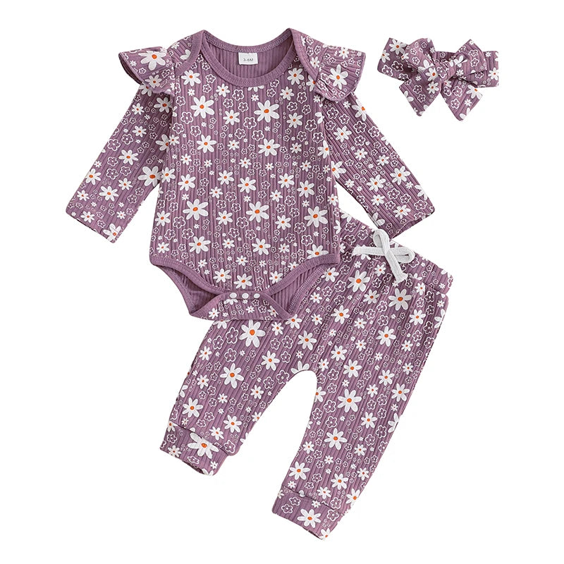 Baby Girl 3Pcs Spring Fall Outfit Floral Print Long Frill Sleeve Romper Long Flower Pants Headband Set