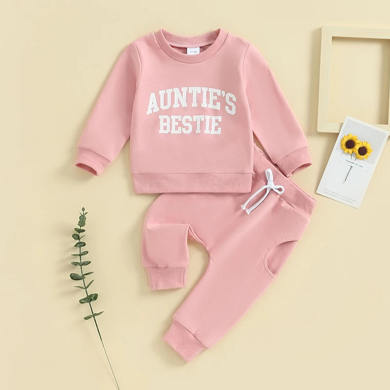 Baby Toddler Girls 2Pcs Outfit Auntie's Bestie Long Sleeve Crewneck Top Jogger Pants Set