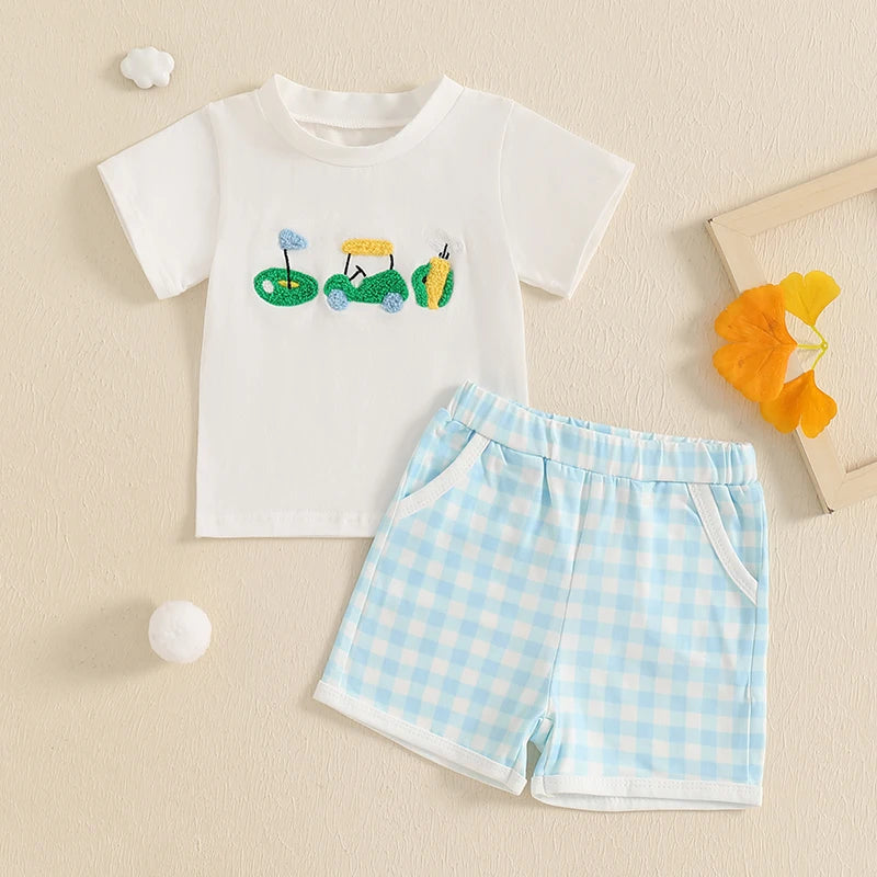 Toddler 2Pcs Baby Boy Summer Outfits Short Sleeve Golf Embroidery T-Shirt + Plaid Shorts Set Clothes