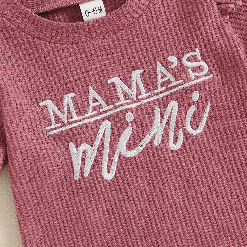 Baby Toddler Girls 2Pcs Waffle Outfit Mama's Mini Letter Embroidery Ruffle Short Sleeve T-Shirt Top and Elastic Shorts Set Clothes