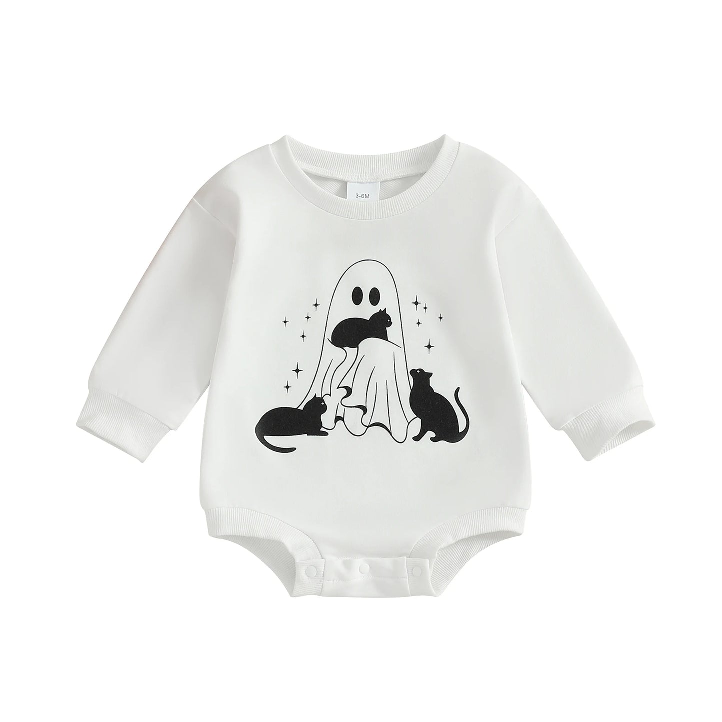 Baby Boys Girls Halloween Bubble Romper Long Sleeve Round Neck Black Cat Ghost Print Romper Fall Playsuit