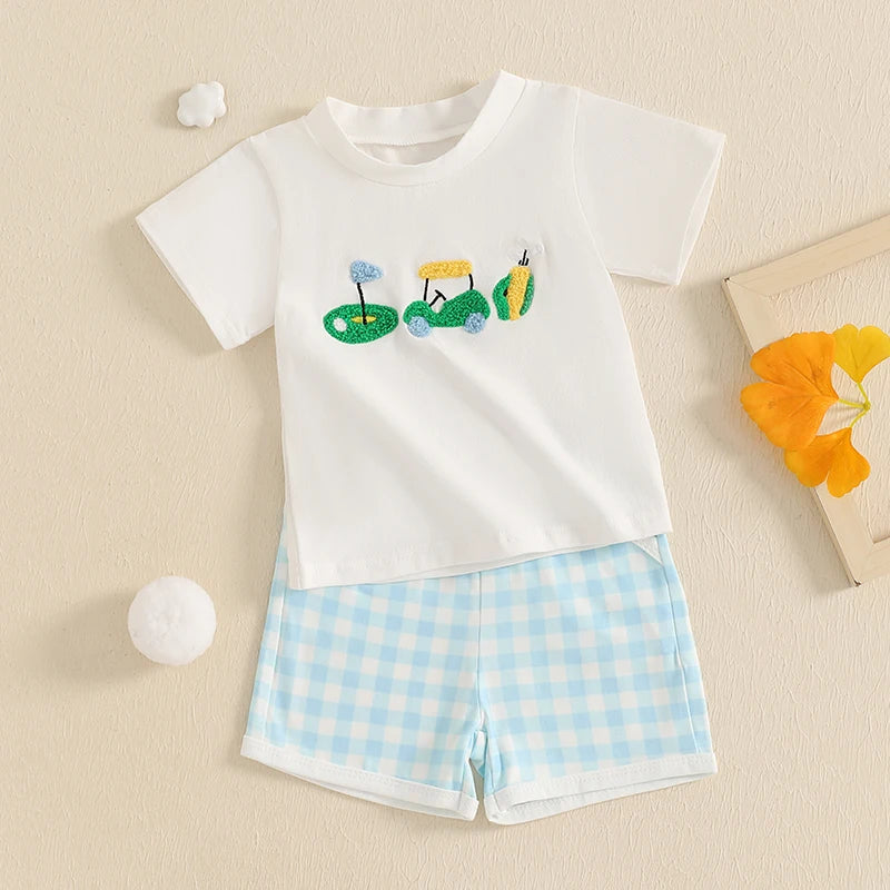 Toddler 2Pcs Baby Boy Summer Outfits Short Sleeve Golf Embroidery T-Shirt + Plaid Shorts Set Clothes