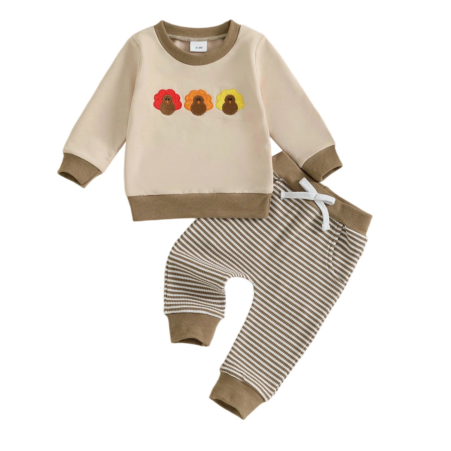 Baby Toddler Boys 2Pcs Jogger Set Long Sleeve Crew Neck Embroidery Gobble Turkey Top with Striped Pants Thanksgiving Clothes