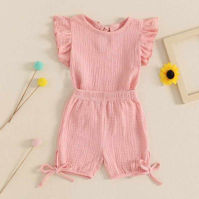 Baby Toddler Girls 2Pcs Summer Outfit Solid Color Short Frill Sleeve Round Neck Top + Elastic Waist Tie Shorts Set