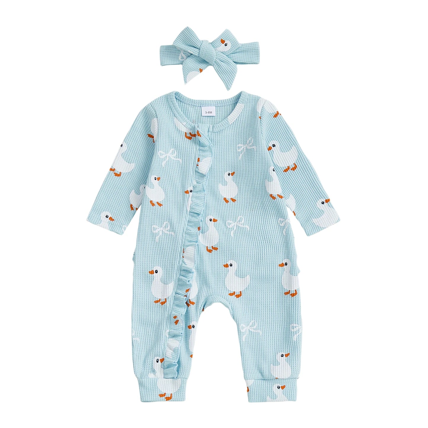 Baby Girls 2Pcs Fall Waffled Zipper Romper Bow Goose Animal Print Long Sleeve Round Neck Zip Up Jumpsuit with Headband Set