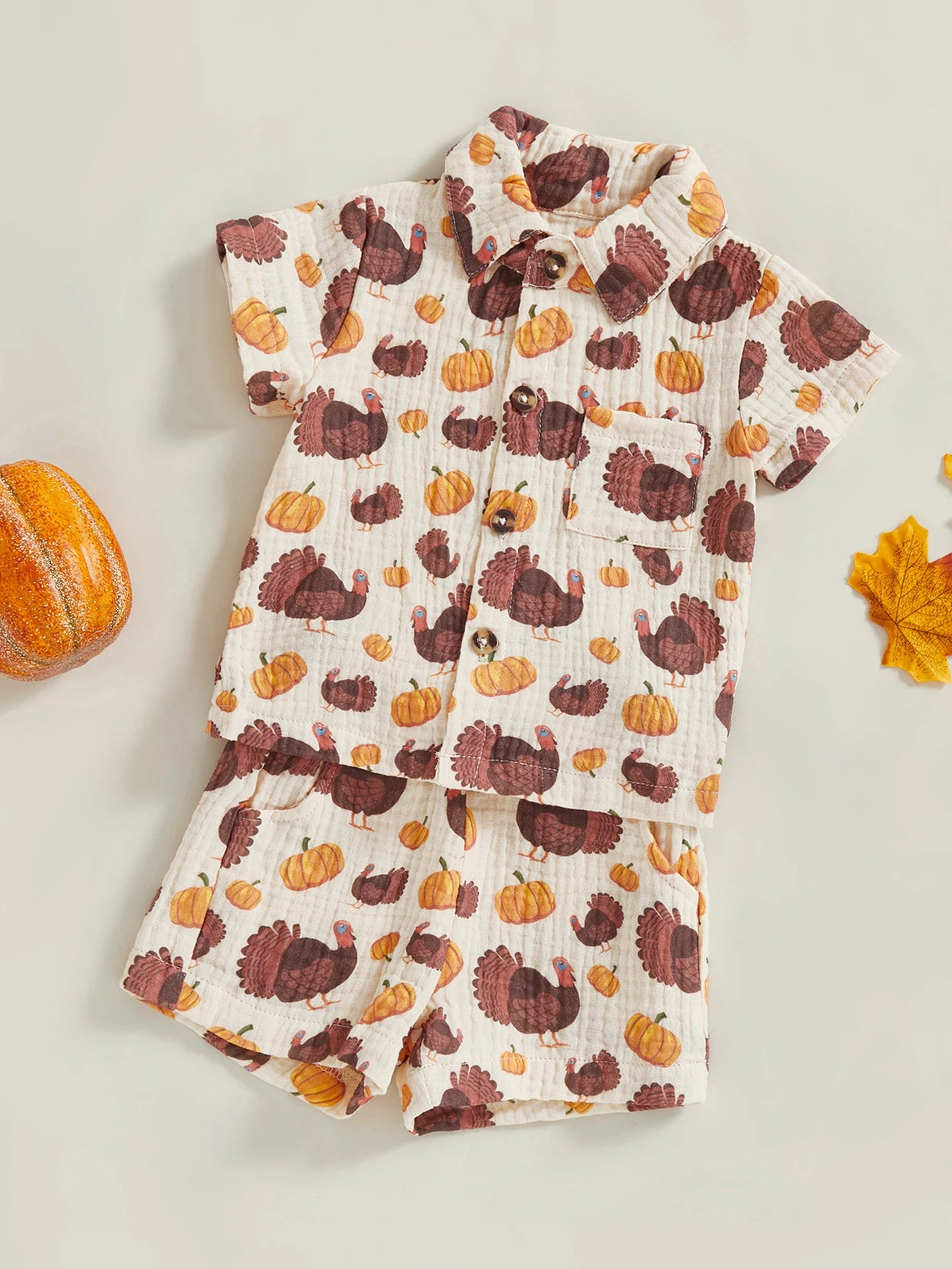 Baby Toddler Boys 2Pcs Thanksgiving Day Short Sleeve Lapel Button Up Turkey Pumpkin Print Top and Shorts Sets
