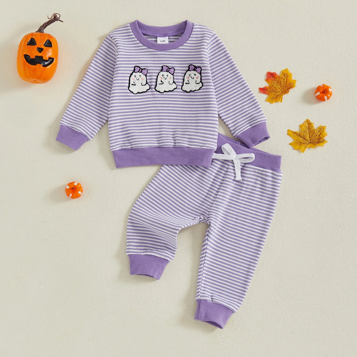 Baby Toddler Girls Boys 2Pcs Striped Set Halloween Ghost Embroidery Long Sleeve Pullover Top with Jogger Pants Fall Outfit
