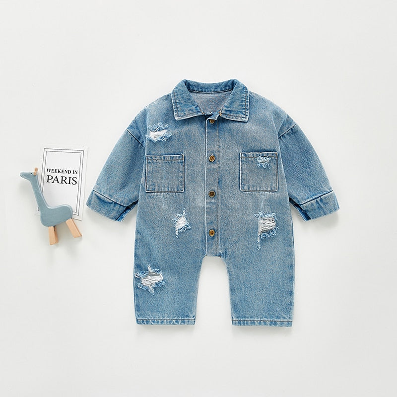 Long Sleeve Distress Denim Jumpsuit Romper