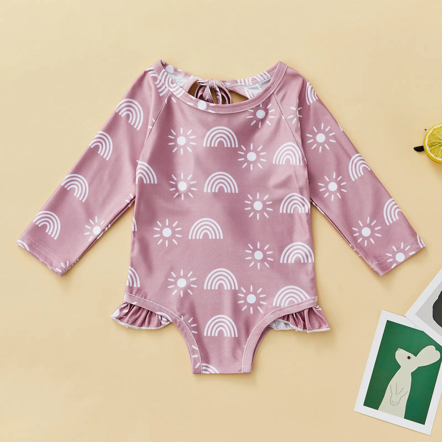 Long Sleeve Printed Ruffle Swimsuit