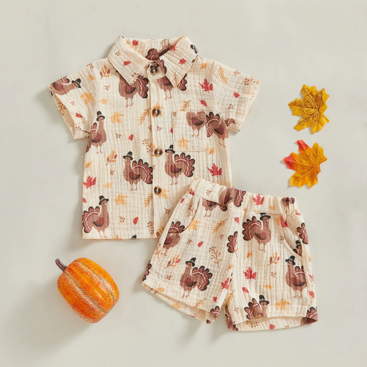 Baby Toddler Boys 2Pcs Thanksgiving Outfit Turkey Short Sleeve Button-up Shirt Elastic Waist Shorts Set