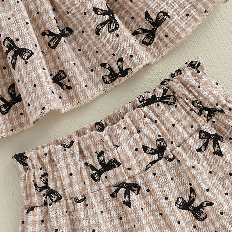 Baby Toddler Girls 2Pcs Summer Clothes Plaid Bow Print Spaghetti Strap Cami Tank Top + Elastic Waist Shorts Set