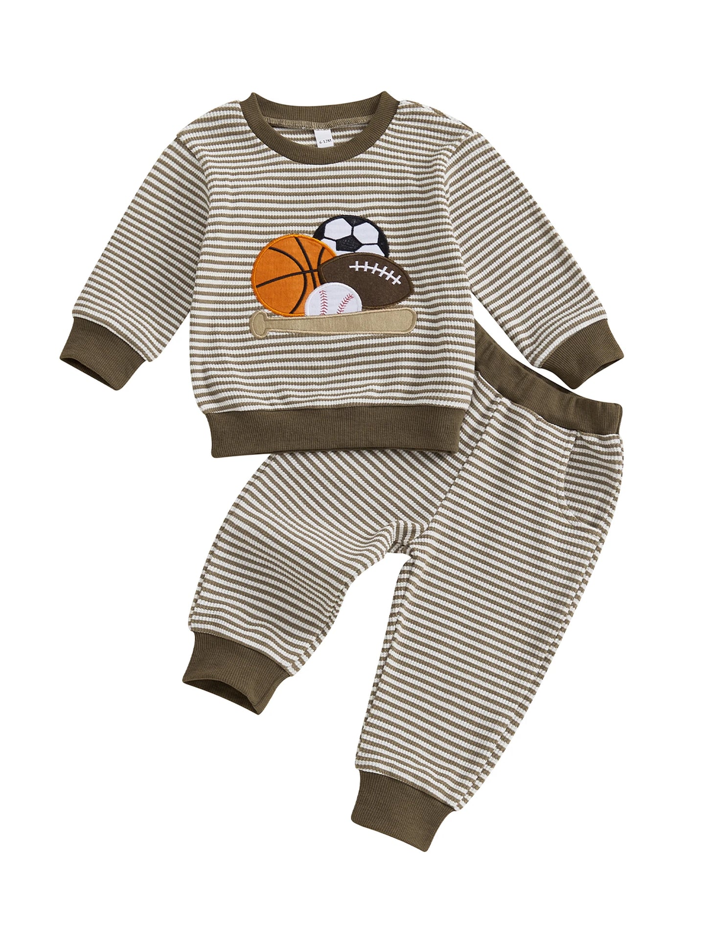 Baby Toddler Boys 2Pcs Fall Outfit Rugby Embroidery Striped Long Sleeve Top and Elastic Pants Clothes Set