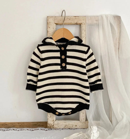 Boys Striped Button Up Long Sleeve Hooded Bodysuit Romper