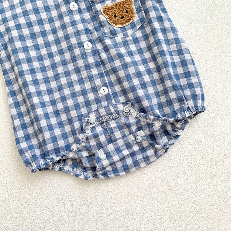 Boys Plaid Bear Patch Bodysuit Romper