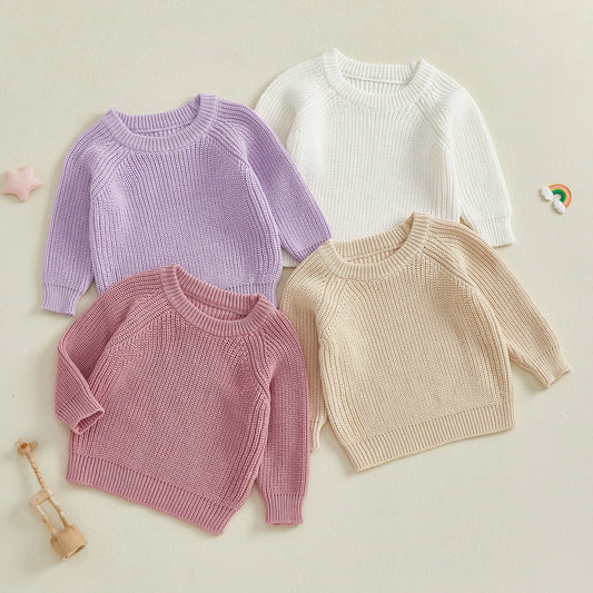 Baby Toddler Boys Girls Knit Sweater Long Sleeve Round Neck Solid Color Pullover Fall Top