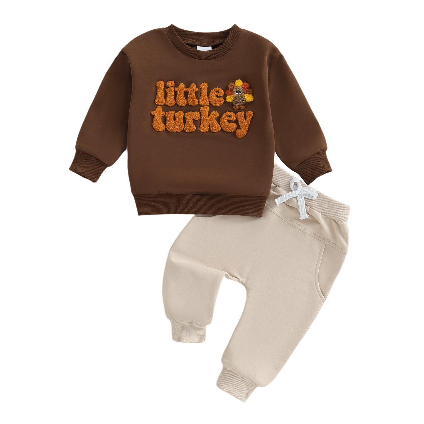 Baby Toddler Boy 2Pcs Little Turkey Thanksgiving Outfit Letter Turkey Embroidery Long Sleeve O-Neck Pullover + Elastic Waist Solid Pants Jogger Set