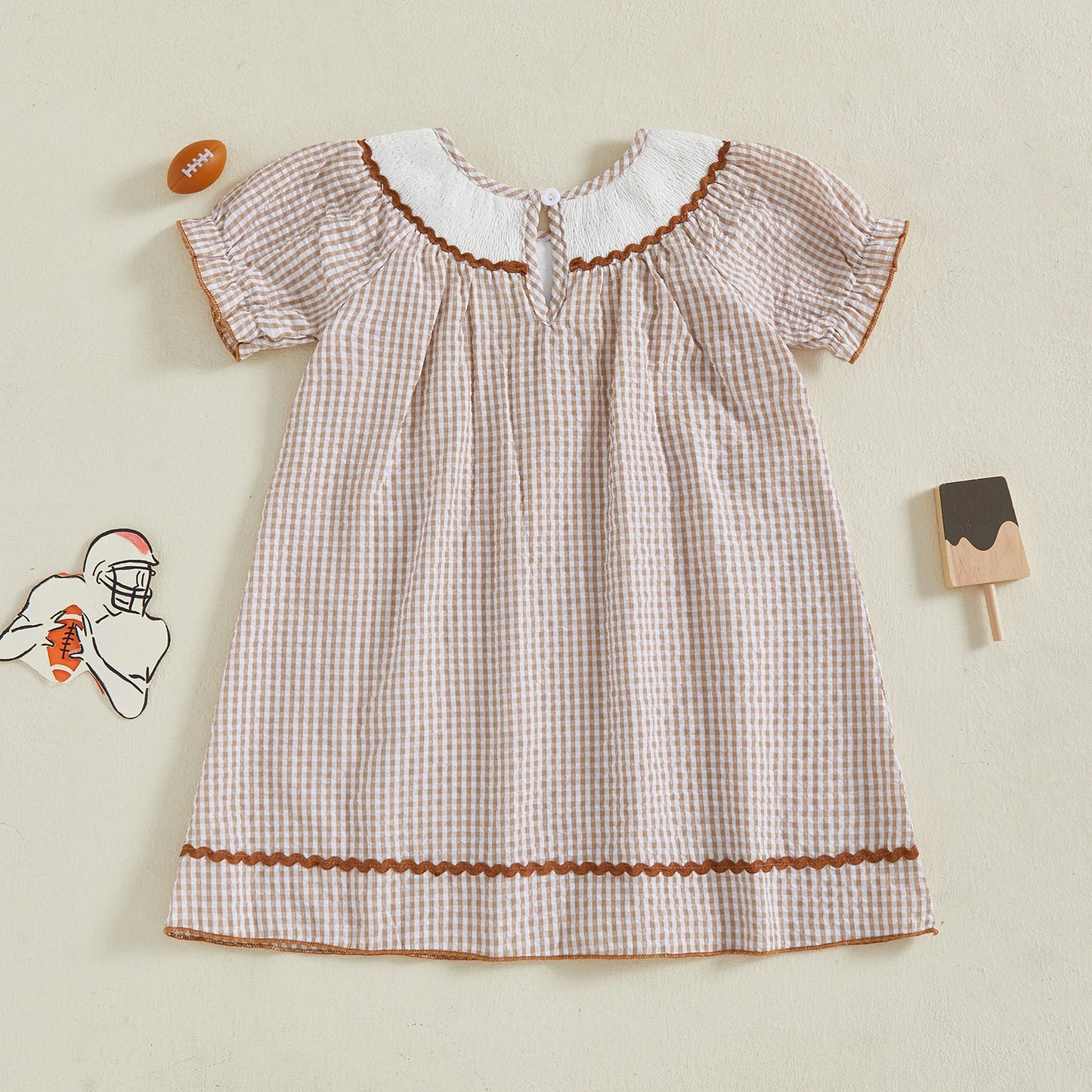 Toddler Kids Girl Dress Loose Fit Football Embroidered Plaid Crew Neck Short Sleeve Dress Summer Fall