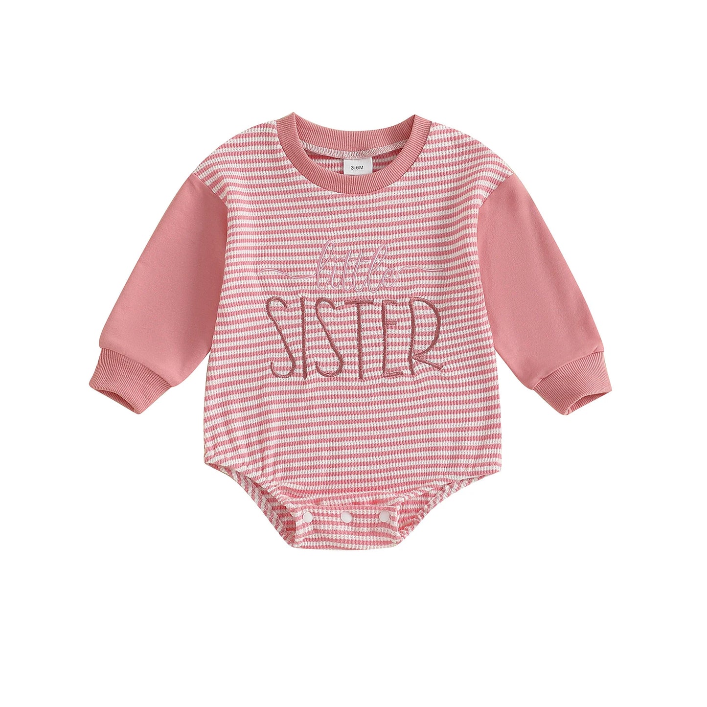 Baby Boys Girls Fall Romper Stripe Letter Little Brother Sister Embroidery Long Sleeve Crew Neck Bubble Jumpsuit