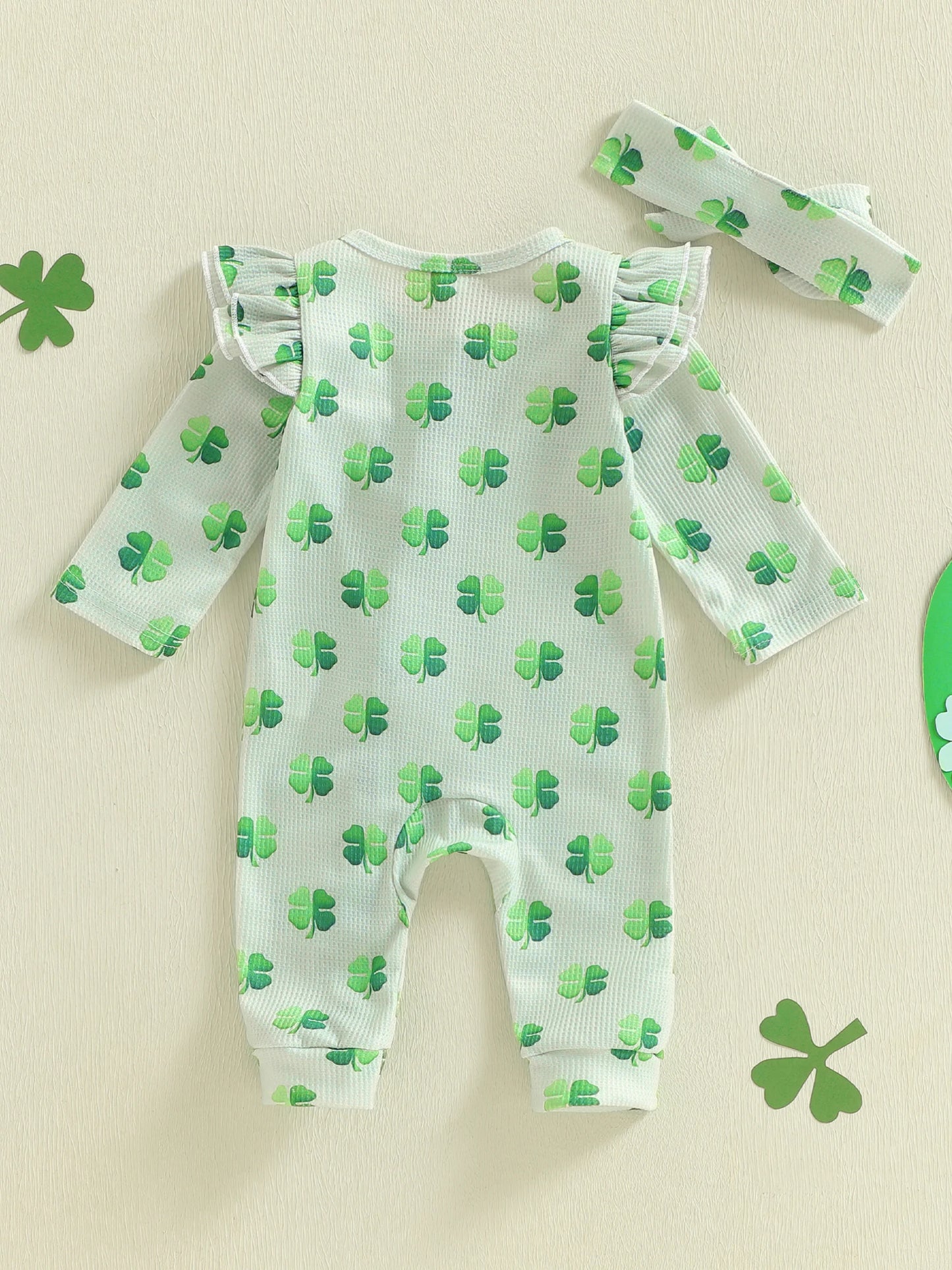 Baby Girls 2Pcs Spring Outfit Shamrock Print Ruffled Trim Zip Up Crew Neck Long Sleeve Zipper Romper with Bow Headband St. Patrick's Day Set