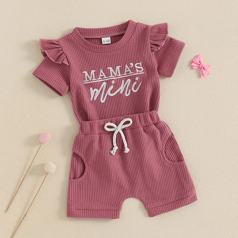 Baby Toddler Girls 2Pcs Waffle Outfit Mama's Mini Letter Embroidery Ruffle Short Sleeve T-Shirt Top and Elastic Shorts Set Clothes