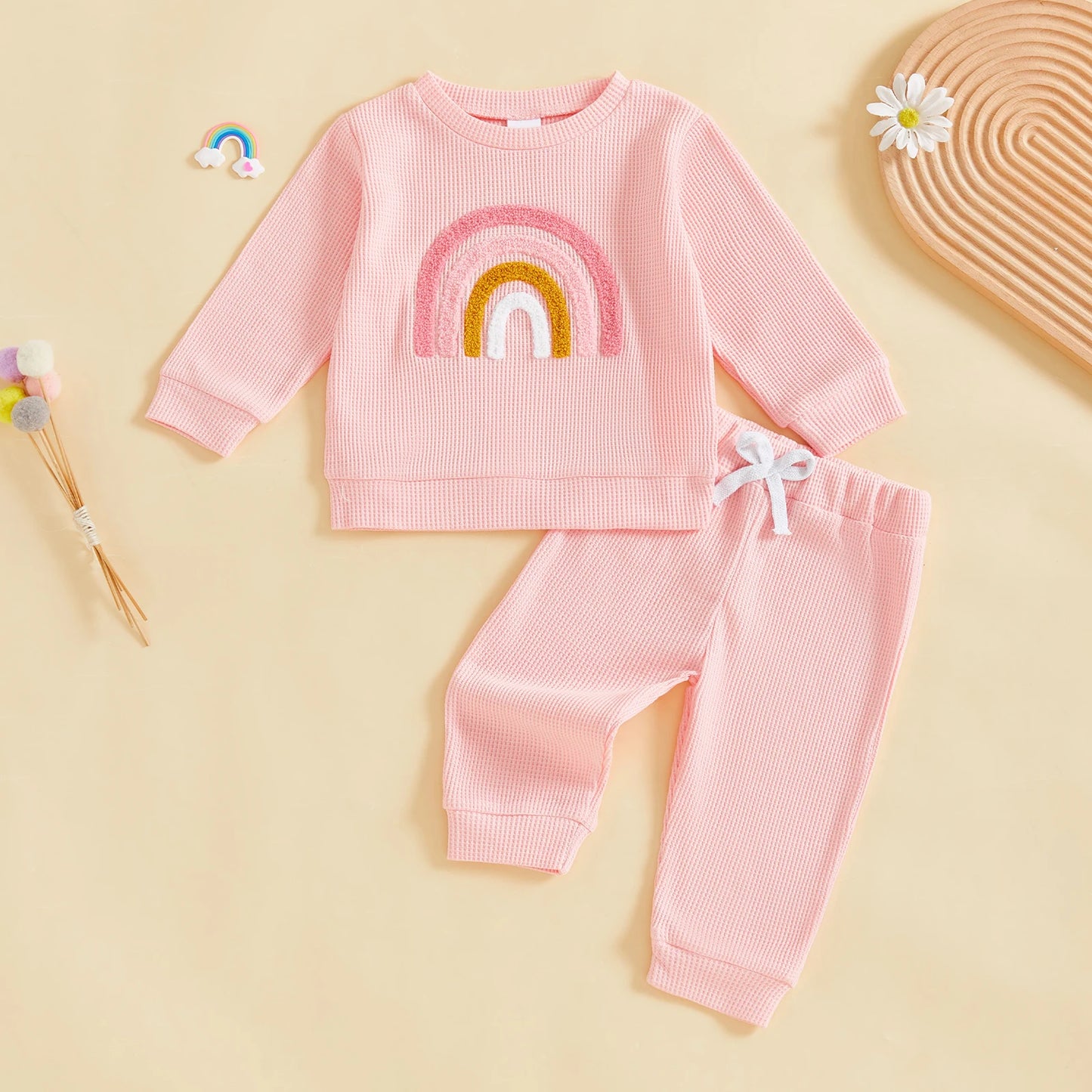 Baby Toddler Girls 2Pcs Fall Set Fashionable Rainbow Embroidery Long Sleeve Pullover Top with Jogger Pants Outfit