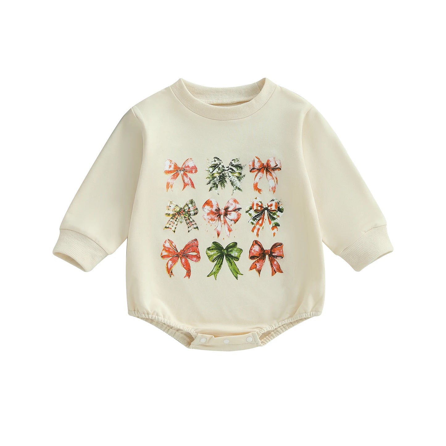 Baby Toddler Girls Christmas Bubble Romper Bow Print Long Sleeve Round Neck Jumpsuit