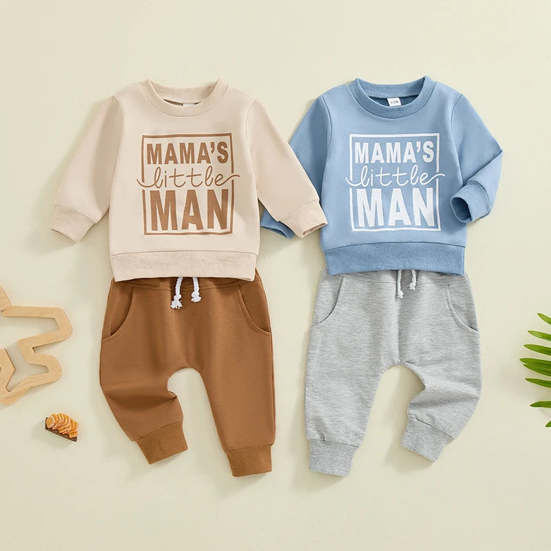 August Willow Baby Toddler Boys 2pcs Fall Clothes Mama s Little Man Letter Print Long Sleeve Top and Elastic Pants Outfit Set Khaki 2 3T United States