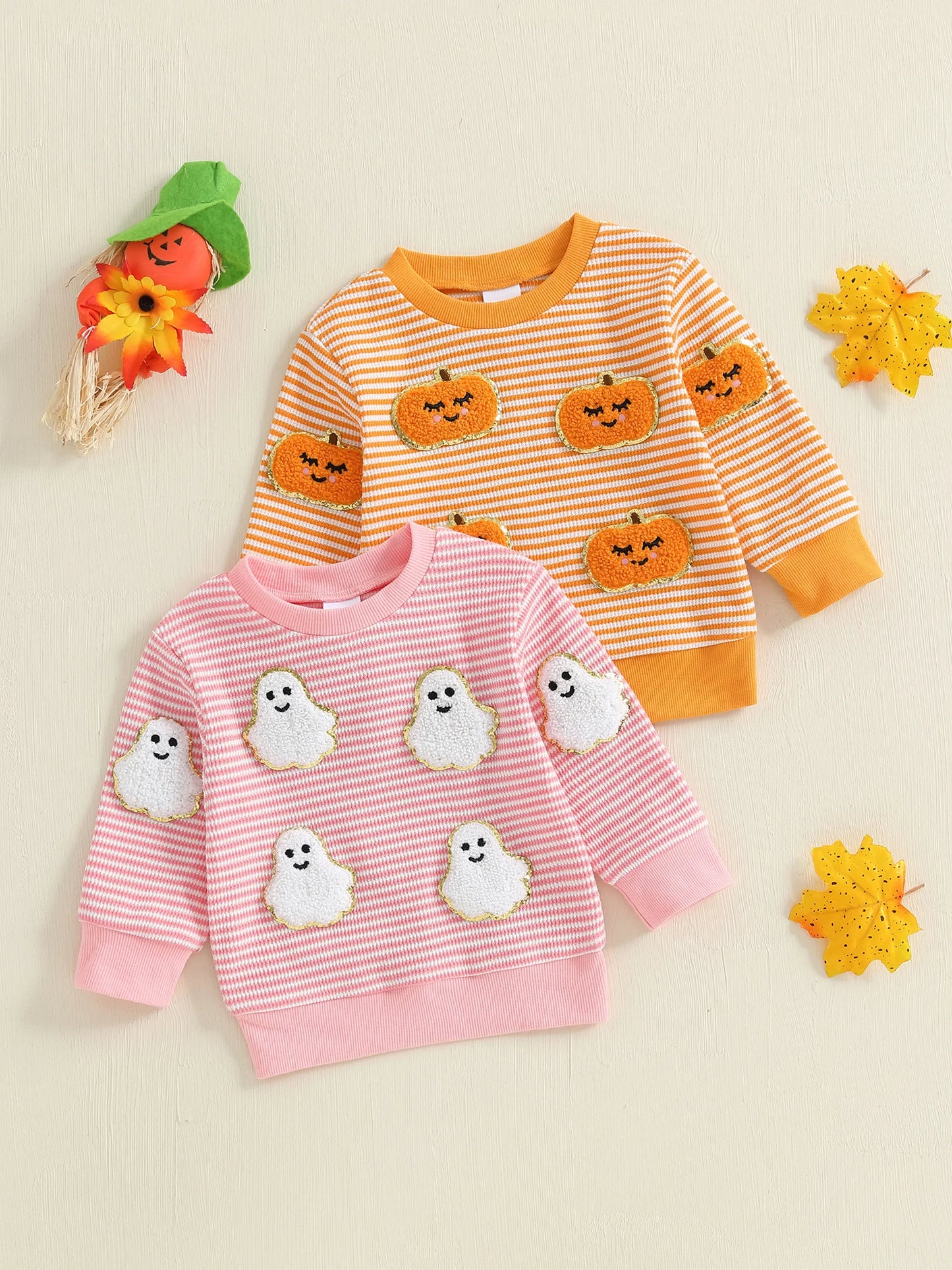 Baby Toddler Girls Boys Long Sleeve Crew Neck Ghost Pumpkin Striped Pullover Halloween Top Clothes