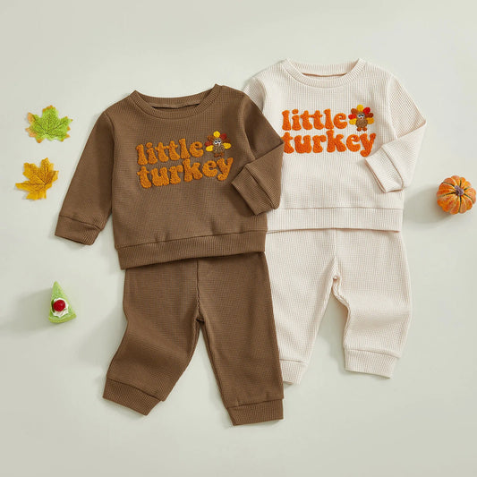 Baby Toddler Boy s2Pcs Little Turkey Thanksgiving Outfit Turkey Letter Embroidery Long Sleeve Pullover Top Elastic Waist Solid Pants Jogger Set