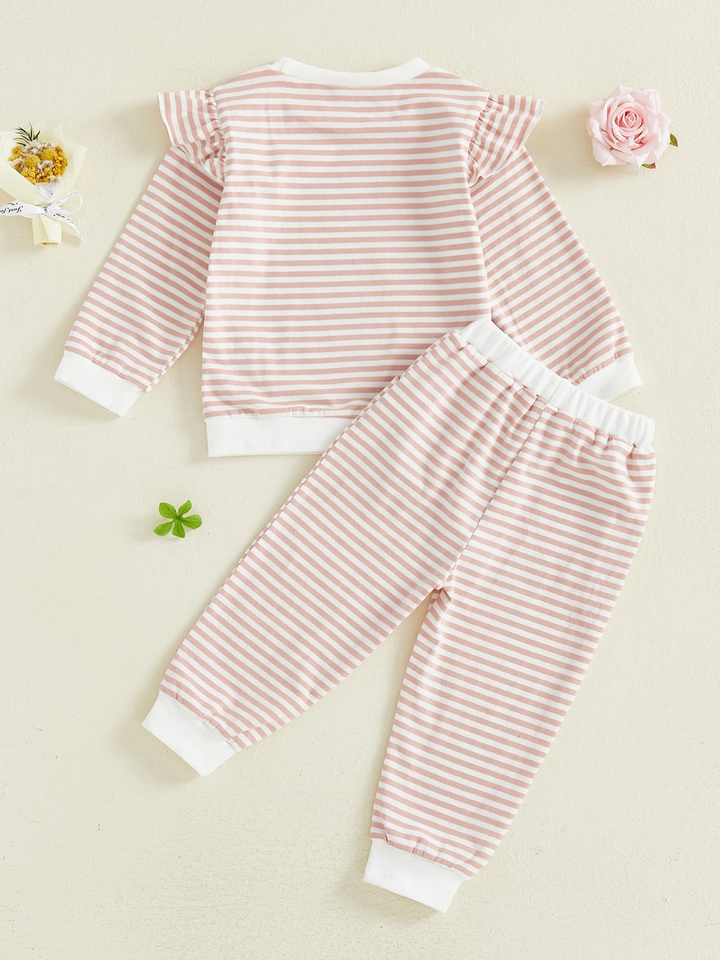 Baby Toddler Girls 2Pcs Follow Your Heart Spring Outfit Ruffle Long Sleeve Crew Neck Letters Floral Print Top with Striped Pants Jogger Set