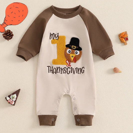 Baby Boy My First Thanksgiving Romper Casual Turkey Letter Embroidery Long Sleeve Jumpsuit