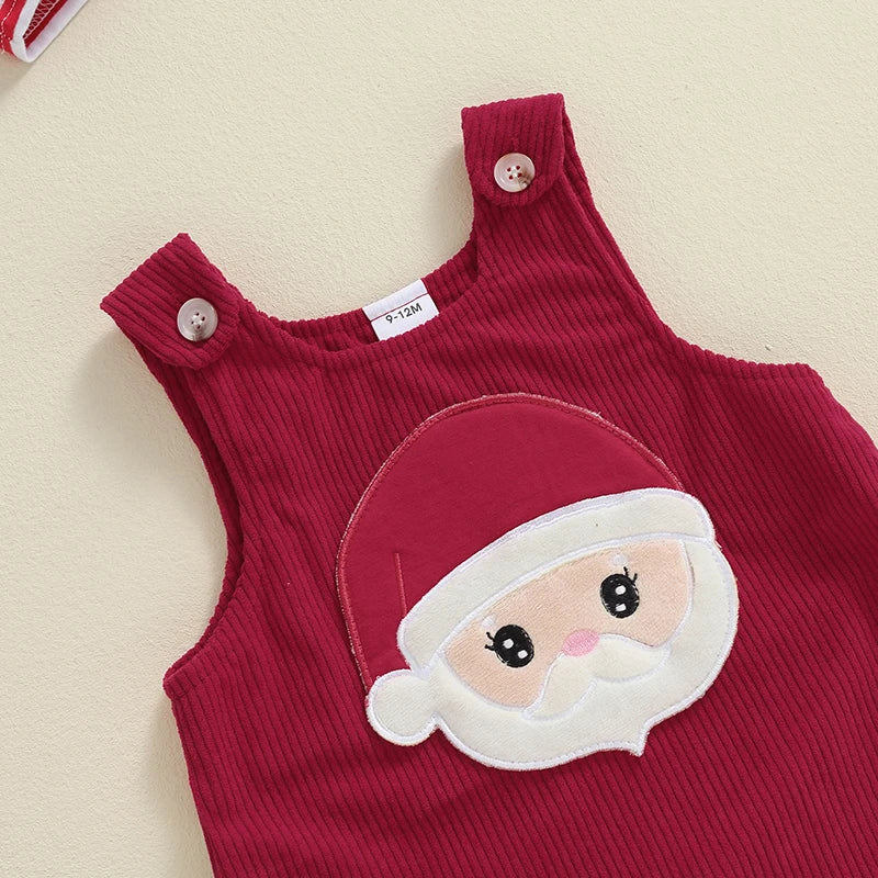 Baby Girls 2Pcs Thanksgiving Christmas Outfits Stripe Long Sleeve Romper Turkey / Santa Embroidery Overalls Dress Headband Set