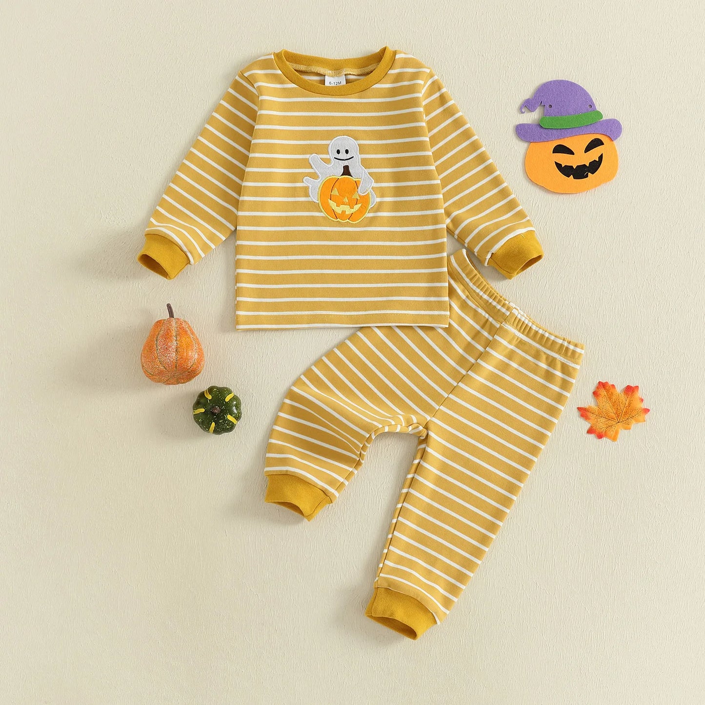 Baby Toddler Girls Boys 2Pcs Halloween Pajamas Set Long Sleeve Embroidery Pumpkin Ghost Top with Striped Pants Sleepwear