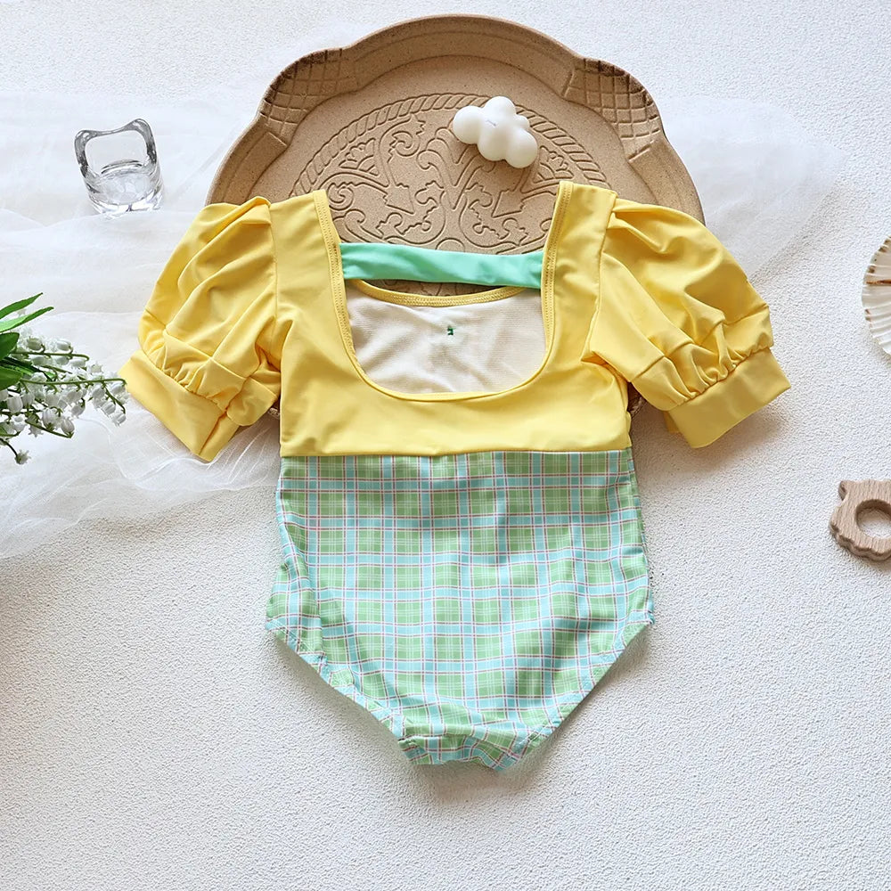Girls Puff Sleeve 2 Pcs Swimsuit Set