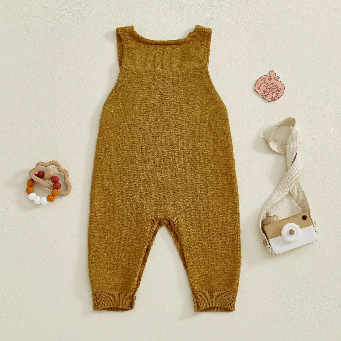 Baby Boys Girls Knit Jumpsuit Sleeveless Square Neck Solid Color Rompers Overalls