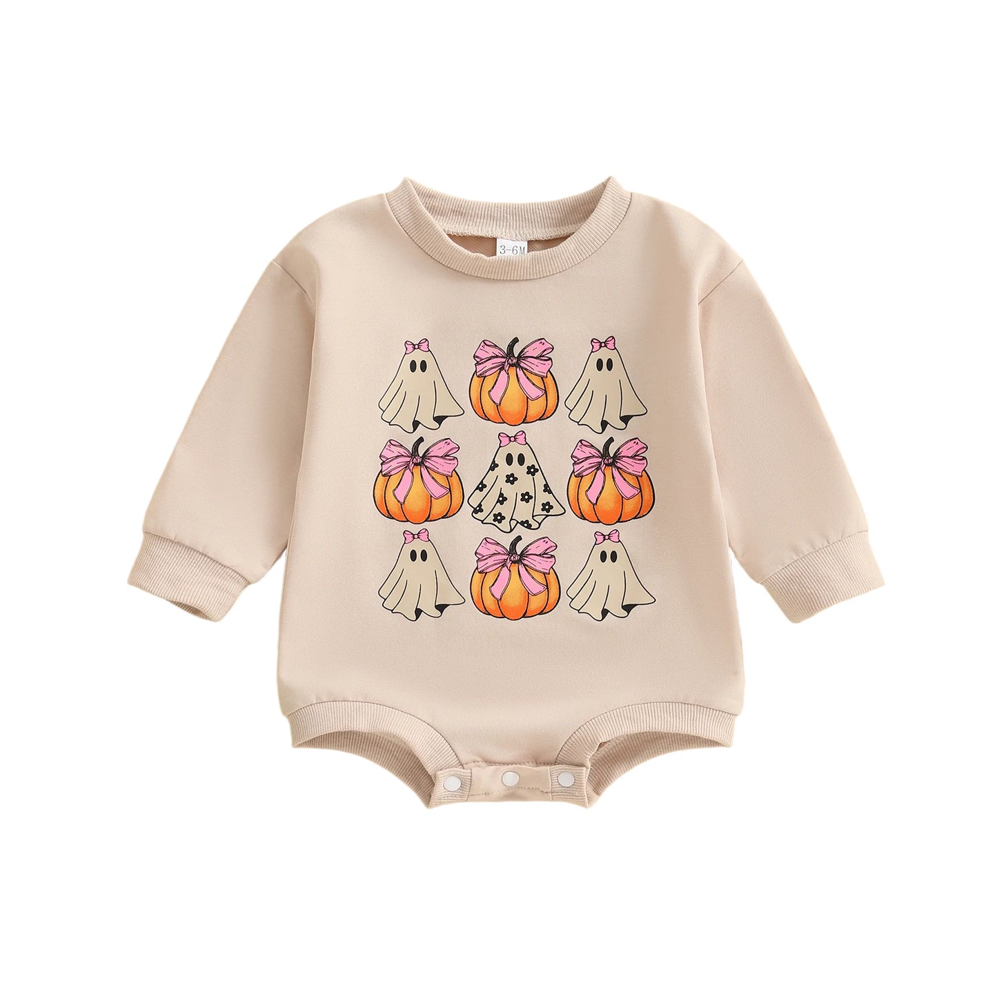 Baby Girl Halloween Bodysuit Long Sleeve Bow Ghost Pumpkin Print Bubble Romper Fall Playsuit