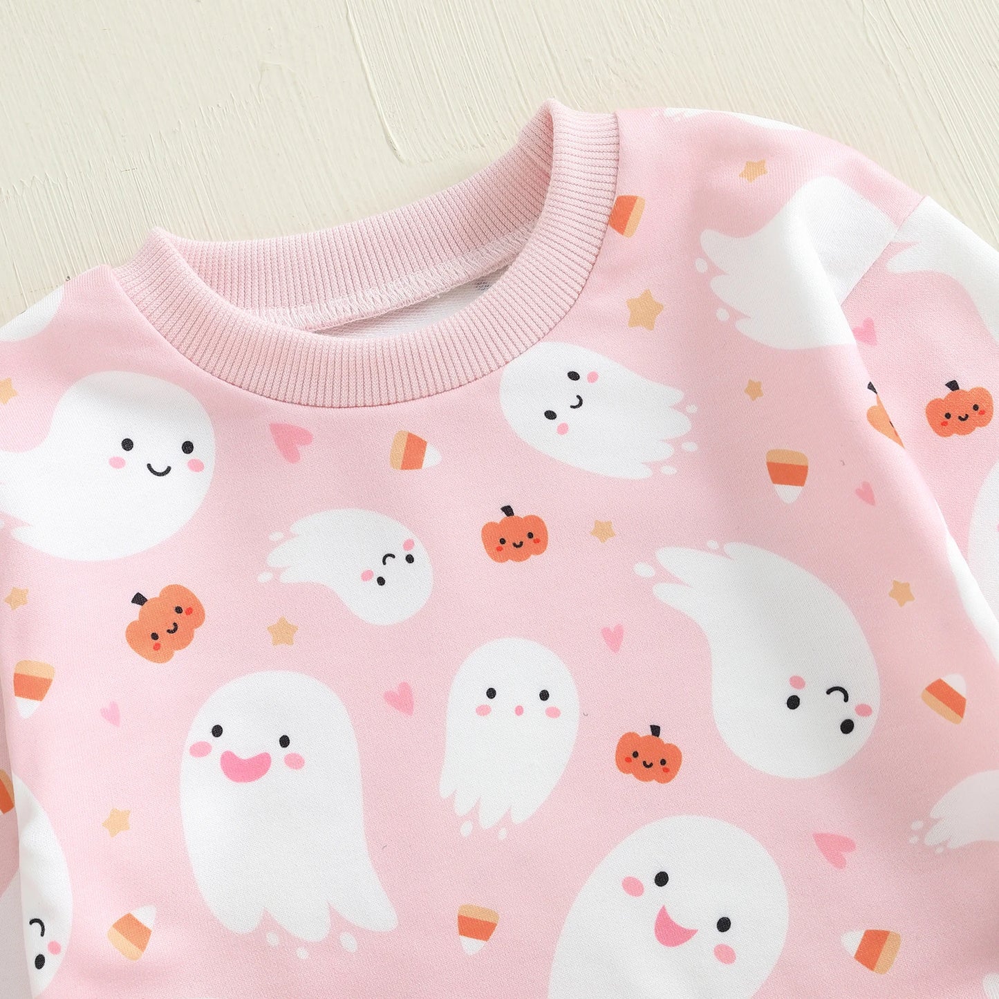 Baby Toddler Girls 2Pcs Halloween Outfit Ghost Pumpkin Print Crew Neck Long Sleeve Top and Pants Set