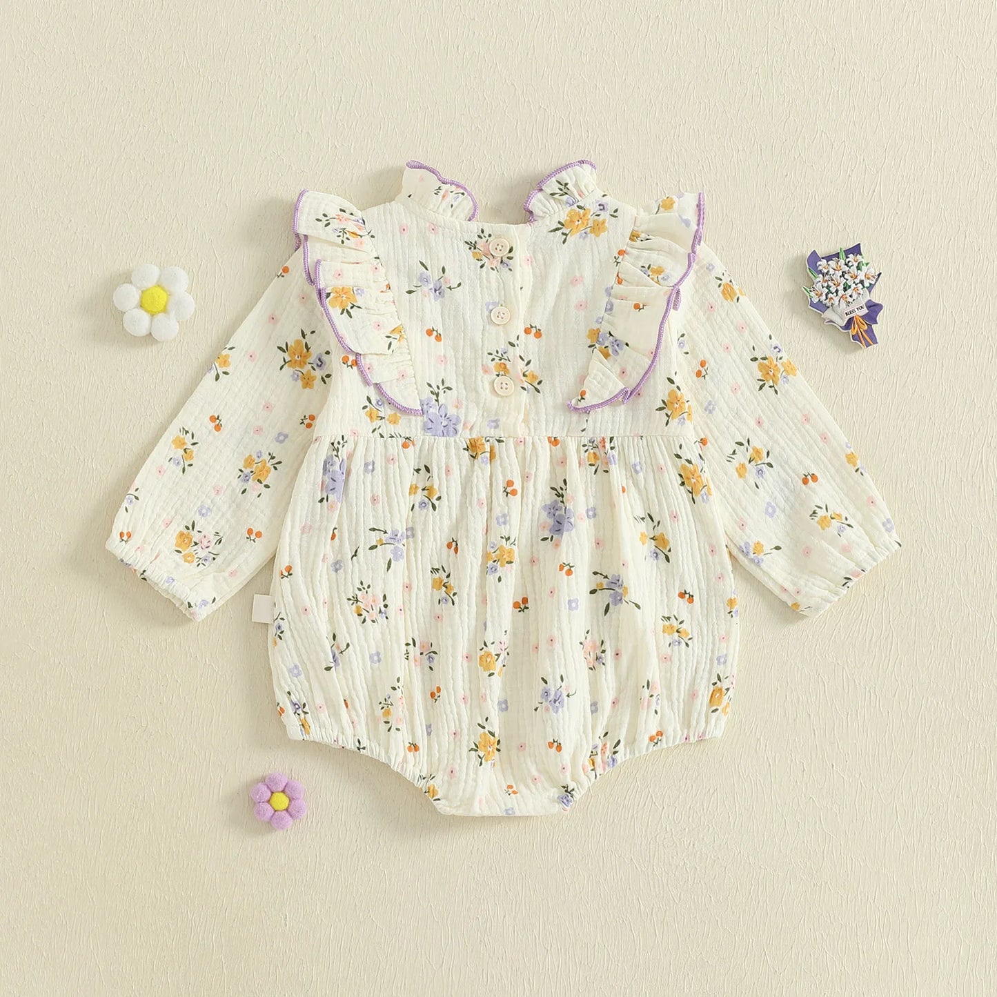 Baby Girl Fall Bubble Romper Floral Print Long Sleeve Frill Mock Neck Ruffled Jumpsuit