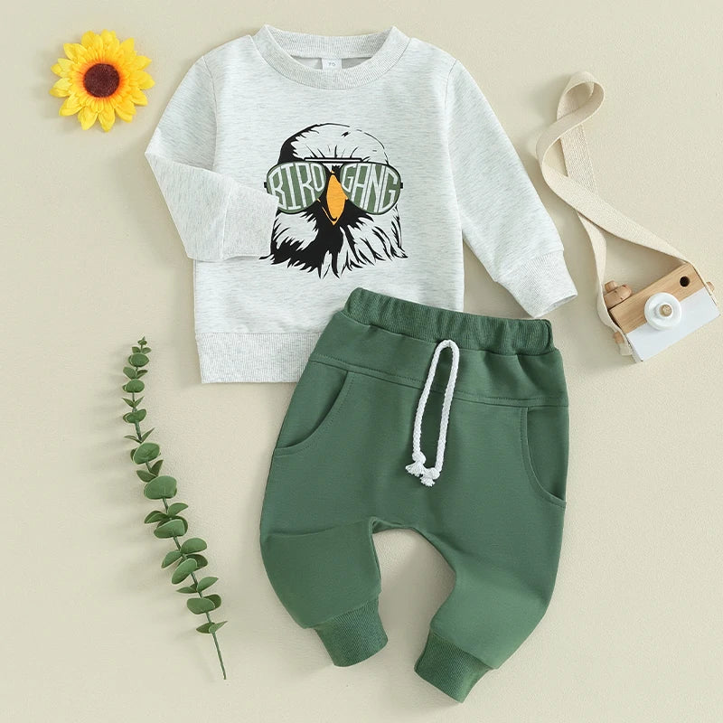 Toddler Baby Boy 2Pcs Football Bird Gang Outfits Birds Eagles Sunglasses Long Sleeve Top Jogger Pants Set