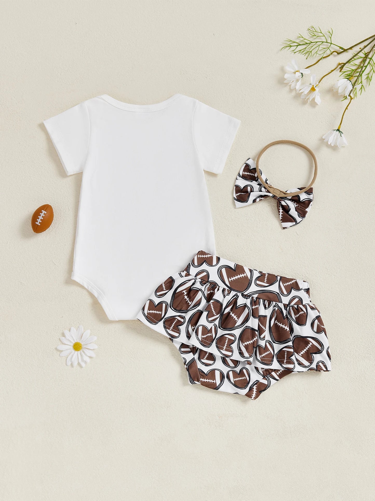 Baby Girls 3Pcs Touch Down Outfit Football Letter Print Romper Skirted Shorts Skort and Headband Bow Set