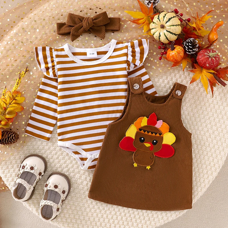 Baby Girls 2Pcs Thanksgiving Christmas Outfits Stripe Long Sleeve Romper Turkey / Santa Embroidery Overalls Dress Headband Set