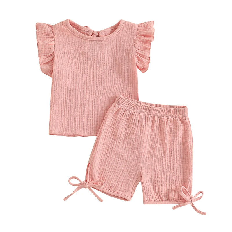 Baby Toddler Girls 2Pcs Summer Outfit Solid Color Short Frill Sleeve Round Neck Top + Elastic Waist Tie Shorts Set