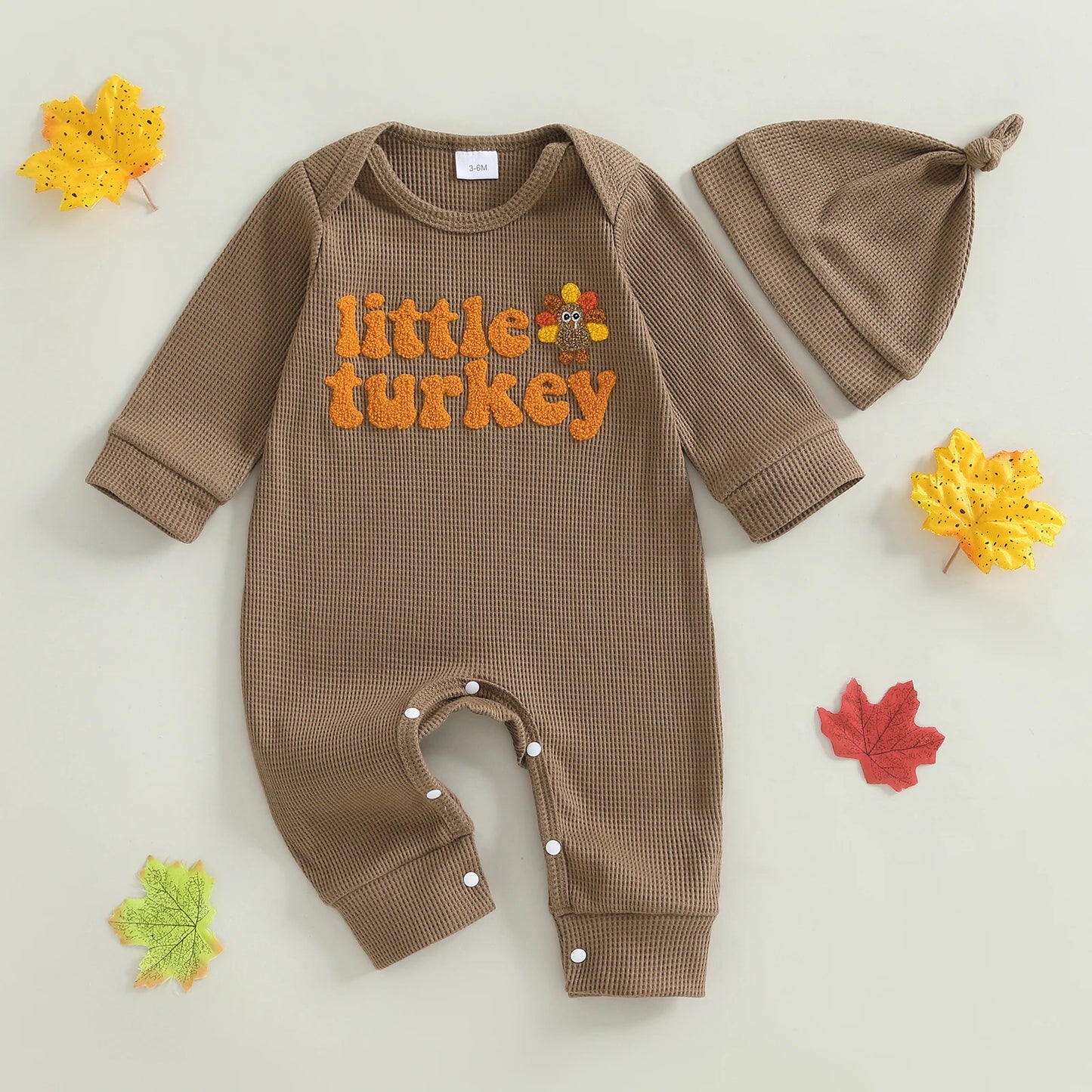 Baby Boys Girls 2Pcs Little Turkey Thanksgiving Outfit Long Sleeve Crew Neck Letter Turkey Embroidery Full Length Romper with Hat Set