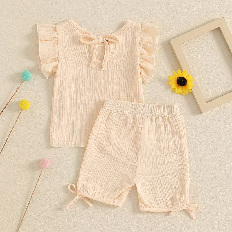 Baby Toddler Girls 2Pcs Summer Outfit Solid Color Short Frill Sleeve Round Neck Top + Elastic Waist Tie Shorts Set
