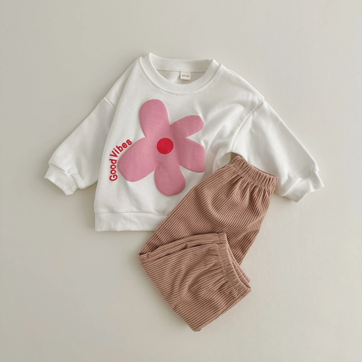 Baby Toddler Boys Girls 2Pcs Good Vibes WAves / Flower / Sun Long Sleeve Top + Corduroy Pants Outfit Set