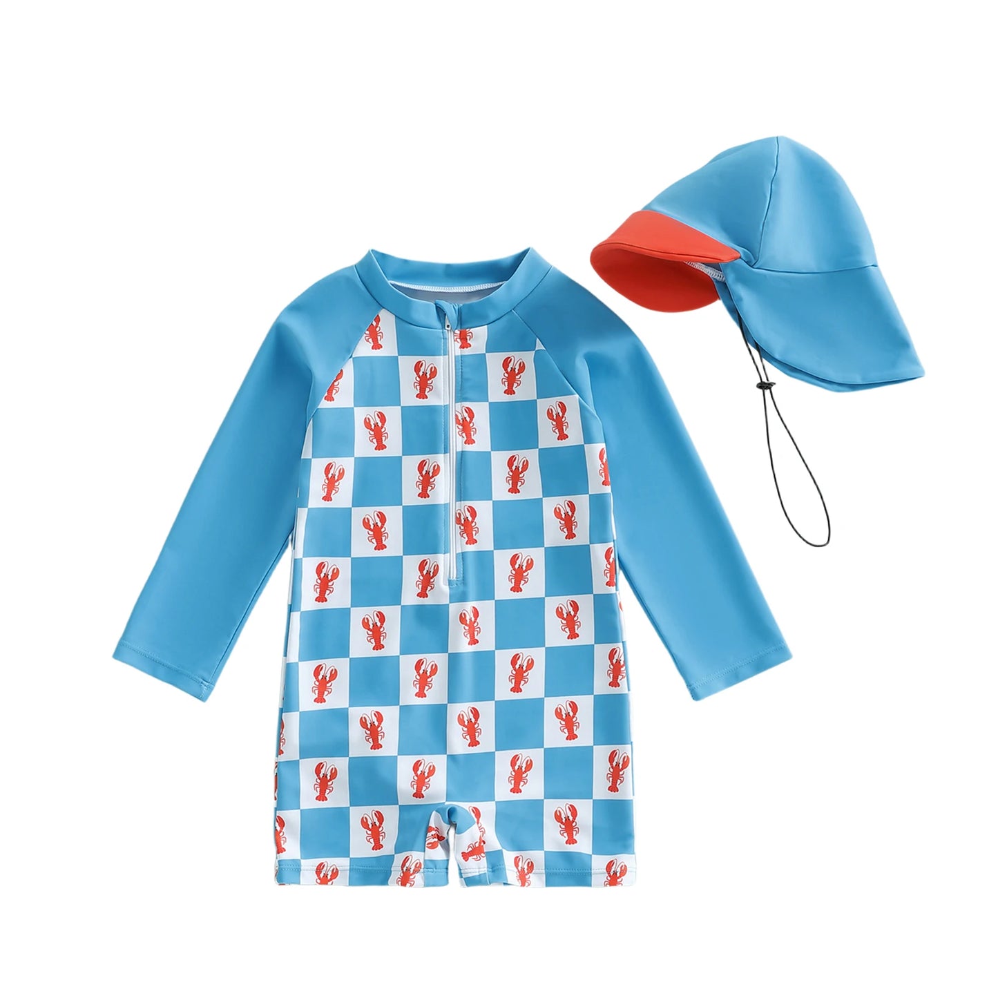 Baby Toddler Boys 2Pcs Rash Guard Swimsuit Fashionable Cute Animal Printed Long Sleeve Jumpsuit with Hat 2Pcs Swimwear Set