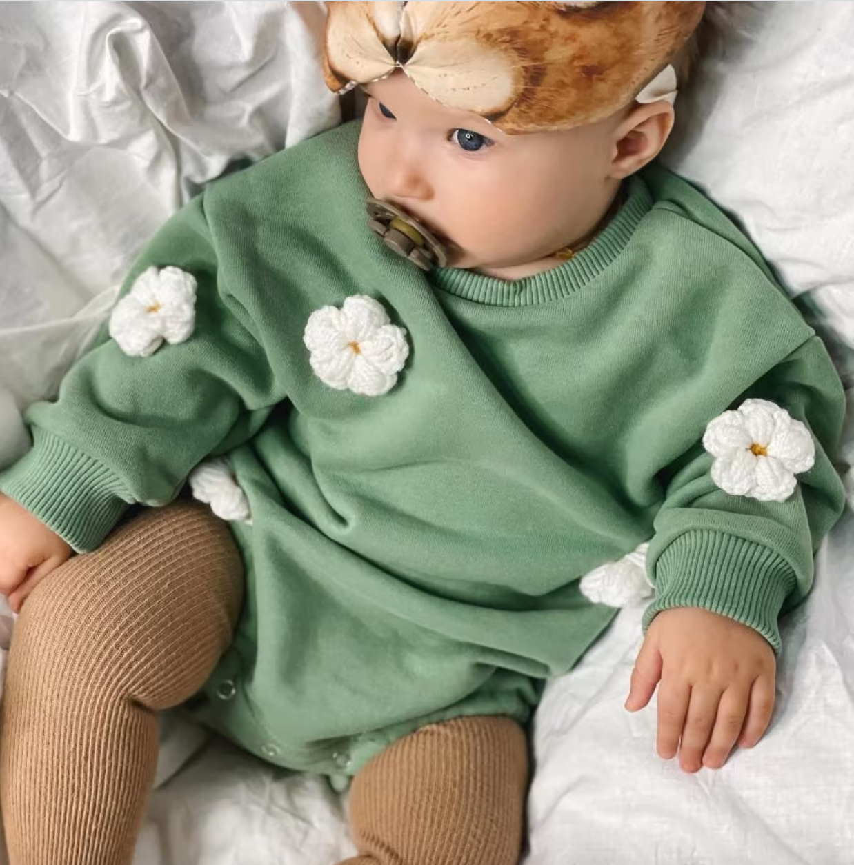 Green Embroidered Flower Sweater Bodysuit Romper