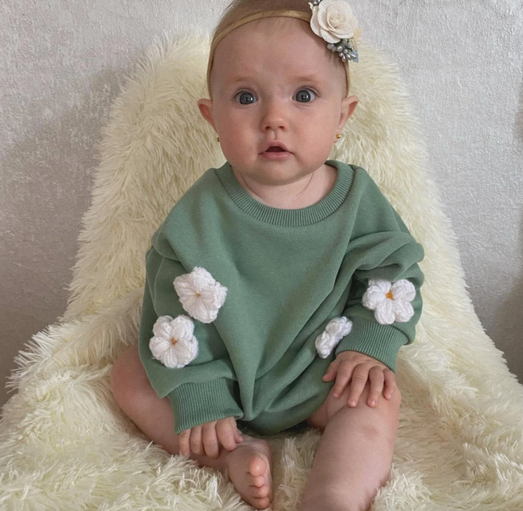 Green Embroidered Flower Sweater Bodysuit Romper