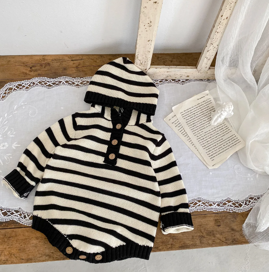 Boys Striped Button Up Long Sleeve Hooded Bodysuit Romper